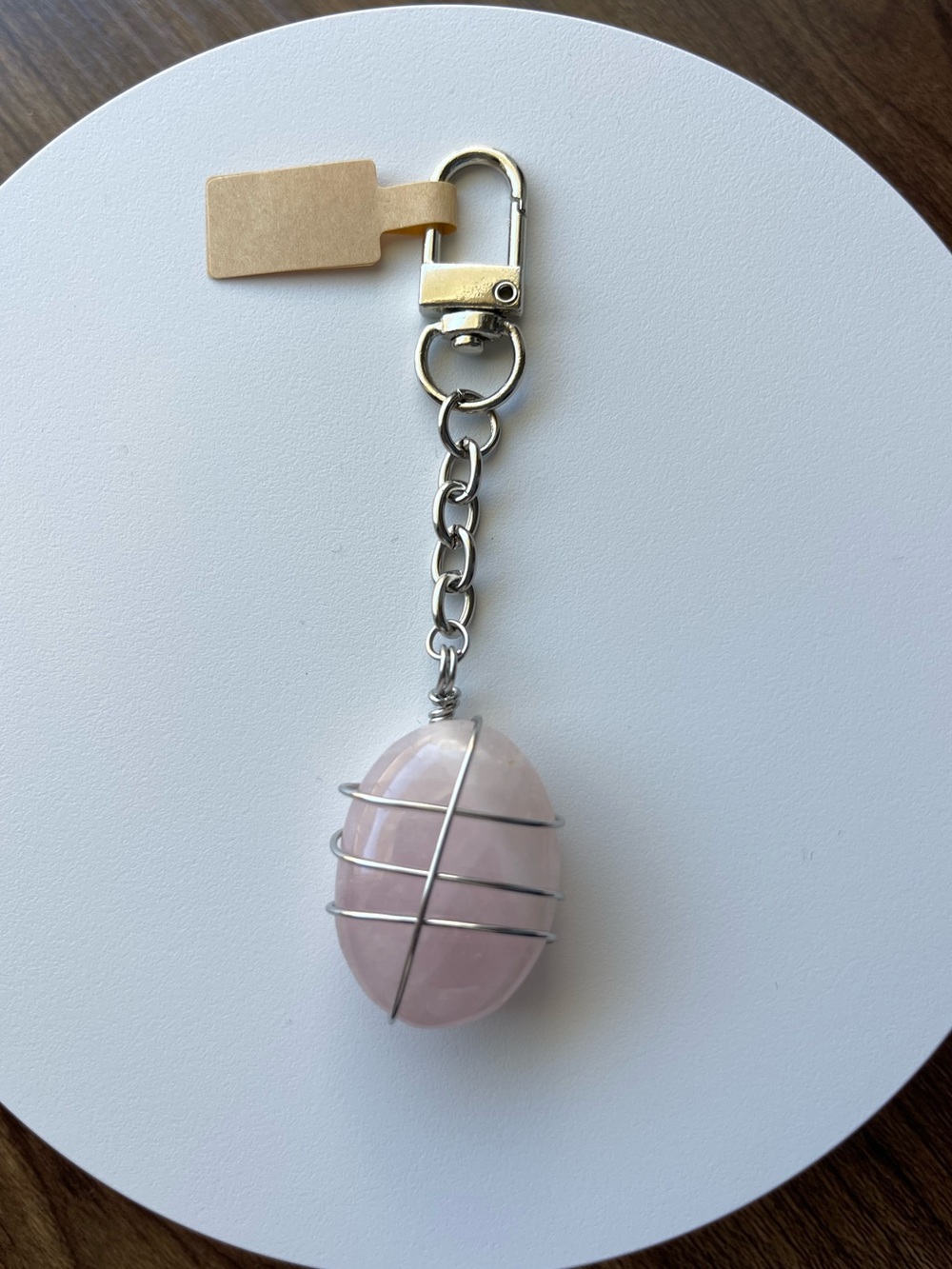 Oval Pink Rose Quartz Bag Charm / Key Chain Silver Stainless Steel Hardware
